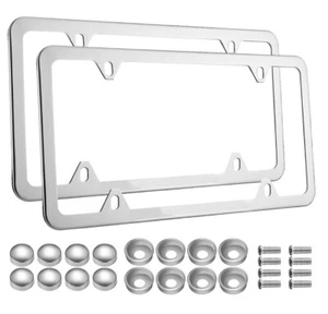 2Pcs Chrome Stainless Steel Metal License Plate Frame Tag Cover With Screw Caps - Picture 1 of 5