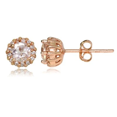 18K Rose Gold Plated Sterling Silver Morganite 4mm Halo Stud Earrings - Image 1 of 4