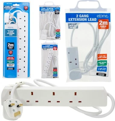 ELPINE Extension Lead Electric Cable Mains Power 1 2 3 4 6 8 10 Gang Way UK Plug Socket