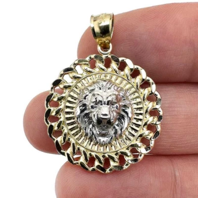 Colgante Cabeza de León Texturizada Oro 10K Dos Tonos Amarillo Blanco 1.2" Foto 1 de 4