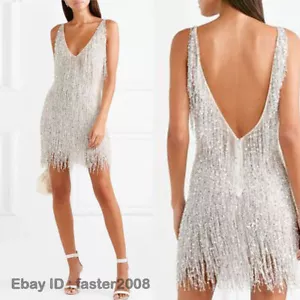 Mujeres Bling Bling Lentejuelas Borla Cuello en V Sin mangas Espalda Vestido Prendas para club nocturno Falda - Imagen 1 de 9