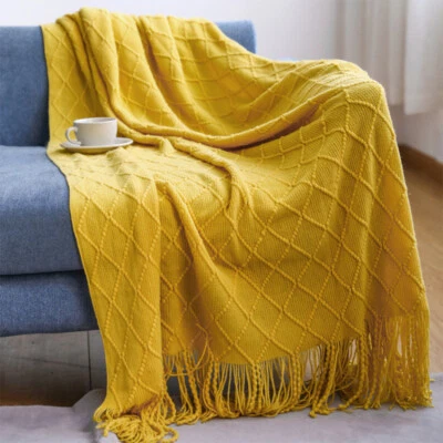 Soft Knitted Throw Tassels Blanket Diamond Pattern Cozy for Couch Sofa Bed Warm - Image 1 of 4