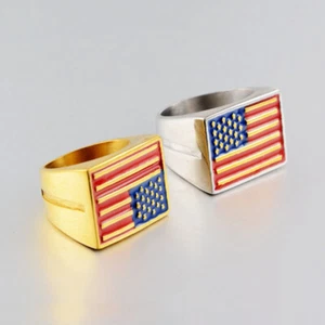 Vintage US Flag Signet Ring Stainless Steel Biker Punk Ring Solid Back Size 8-12 - Picture 1 of 11