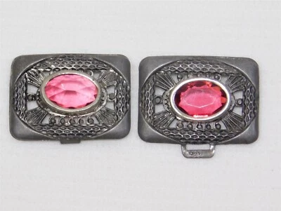 Antique Art Deco Silver Two Piece Belt Buckle Pink Stone Czech Glass - Image 1 of 4