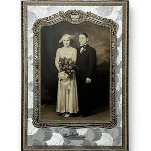 Fotografía de boda Art Deco vintage de los años 40 montada en tablero plateada mate - Imagen 1 de 2