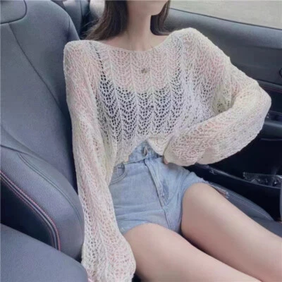 1X Women Hollow Out Shirt Tops Sheer Casual Knitted Blouse Knitwear Lace T-shirt - Image 1 of 4