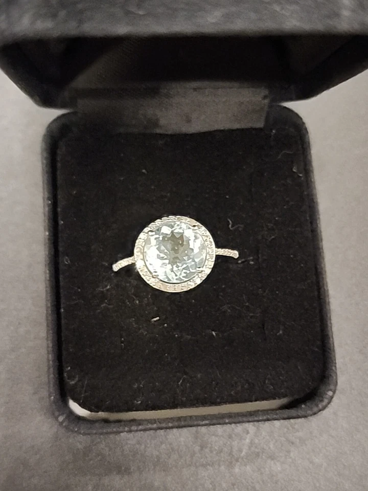 Anillo aguamarina azul con detalles de diamantes rodio/925 halo 3,64 ctw JTV talla 10 Foto 1 de 4