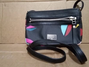 FOSSIL Mini Dawson Zip Crossbody Bag Black & Multi Coated Canvas Front Zip Pkt - Picture 1 of 18