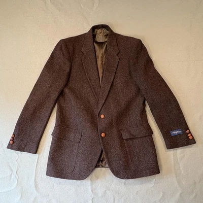 VTG Blazer Mens 42x34 Brown Herringbone Wool Leather Buttons Sport Coat 80s - Image 1 of 4