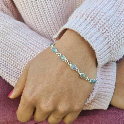 Genuine Labradorite Bracelet 925 Sterling Silver | Boho Gemstone Jewelry Gift US - Image 1 of 4