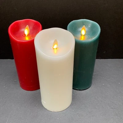 3 Lot LUMINARA Flameless 7" Pillar Wax Candles Moving Flame White Red Green - Image 1 of 4