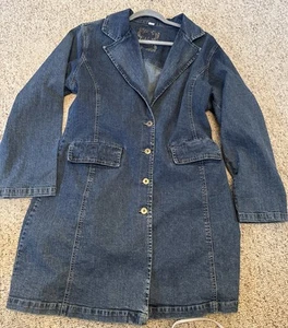 Ethyl Denim Trench Coat Women's Blue Medium Wash Button Sz L - Picture 1 of 5