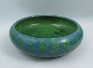 Vintage Blue & Green Spongeware Pottery Bowl Shallow Planter Signed - Picture 1 of 7