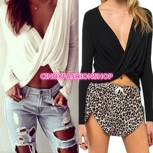 Sexy tief ausgeschnittenes bauchfreies Oberteil Bluse T-Shirt V-Ausschnitt gekreuzt lässig ClubwearZ für Damen - Bild 1 von 6