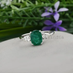 1.79 TCW H/SI Diamond Zambian Emerald Three Stone Ring Gift 14k White Solid Gold - Picture 1 of 8