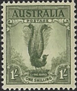 1942 Australian Hinged Lyrebird 1/- Stamp Crown Watermark Zoological issue SG192 - Foto 1 di 1