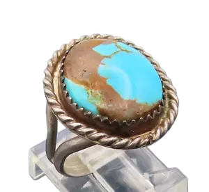 NAVAJO ZUNI 925 Silver Vintage Turquoise Halo Twisted Rope Ring Sz 8 RG26919 - Picture 1 of 5