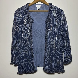 Chicos Womens Cardigan Sweater Size 2 Blue Animal Print 3/4 Sleeve Open Front - Picture 1 of 7