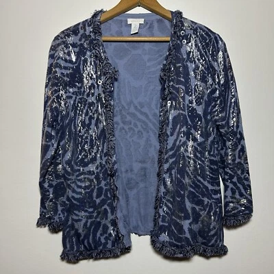 Cárdigan suéter Chicos para mujer talla 2 azul estampado animal manga 3/4 frente abierto Foto 1 de 4