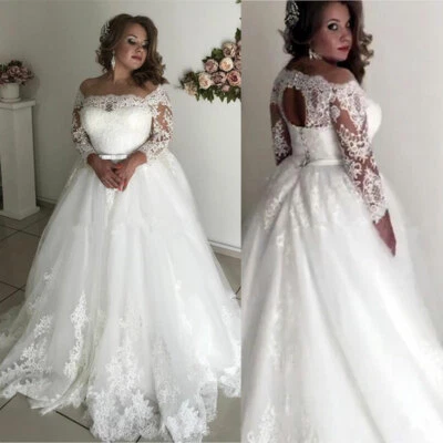 Plus Size Wedding Dresses Off the Shoulder Lace Applique Bridal Gown Custom Size - Image 1 of 4