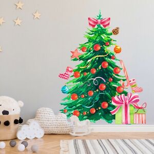 Watercolor Christmas Tree Sticker Removable Wall Fabric Decal Set Gift Decor
