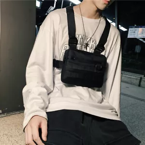 Unisex Vest Chest Bag Oxford Cloth Waistcoat Hip Hop Shoulder Pouch (Black) - Picture 1 of 9
