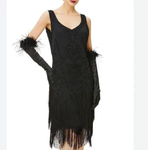 Babelove Flapper Gatsby Cocktail Dress Womens L Black Sleeveless Fringe Costume - Picture 1 of 9