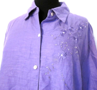Laura Scott Women Plus 20W Purple~Linen Bl~Embroidered~Beaded~Button Front Shirt - Image 1 of 4
