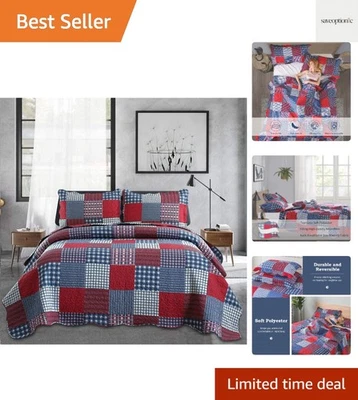 Timeless Reversible Queen Quilt Set - Red and Blue Plaid Design for Any Season - Image 1 of 4
