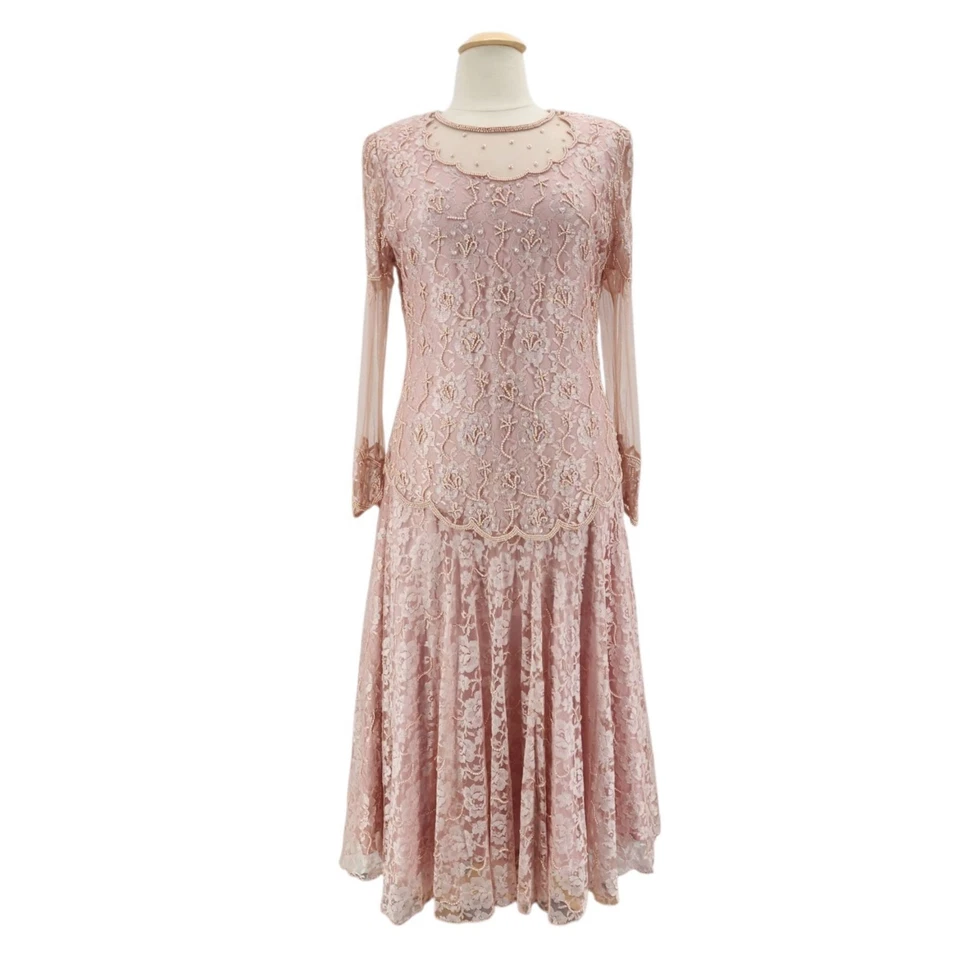 Vestido Vintage Scala Mujer XXL Encaje Perla Cuentas Manga Larga Maxi Formal Rosa Foto 1 de 4