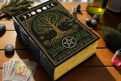 Wiccan Leather Bound Grimoire Book of Shadows Moon Phases, Vintage Spell Book. - Image 1 of 4