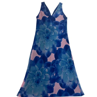 Maxi Vestido Floral De Colección Tessuto Para Mujer Mediano Azul Rosa Sin Mangas Hecho en EE. UU. Foto 1 de 4