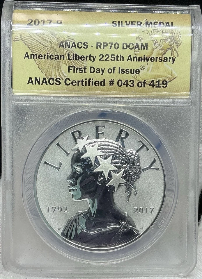 2017-P Reverse Proof 225th Ann American Liberty Silver Medal 1oz ANACS PF70 FDOI - Image 1 of 2