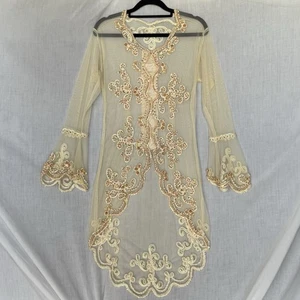 Vintage cream sheer embellished mesh tunic dress floral beaded sequins - Picture 1 of 10