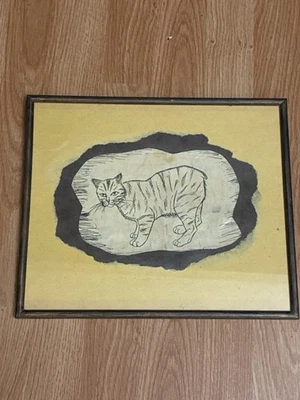 Vintage Cat Artwork Ink Drawing Mid Century Folk Art Framed Sonoma California - Image 1 of 4