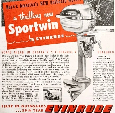 Evinrude Sportwin 1948 motor fueraborda publicidad navegación pesca de colección E2H1 Foto 1 de 2