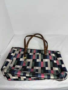 Fossil Rachel Large Tote Pixel Grid Multi Blue Green Pink White Black Rectangles - Picture 1 of 24