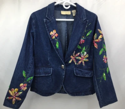 Carrie Allen Floral Applique Sequins Pockets Denim Blazer Jacket Womens Sz L EUC - Image 1 of 4