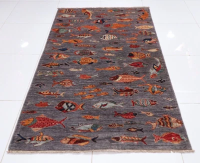 4 x 6 ft Fish Gray Area Rug Afghan Hand Knotted Veg Dye oriental Wool Rug - Image 1 of 4