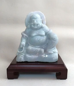 Vintage 1900's Chinese Creamy Blue Lavender Carved Jadeite Jade Happy Buddha - Picture 1 of 12