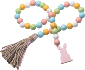 Easter Spring Wood Beaded Garland with Tassels and Bunny Tag Farmhouse Wooden Be - Picture 1 of 12