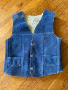 VTG Genuine Leather Suede Toddler Kids Blue Sherpa Lined Snap Western Vest - Picture 1 of 5