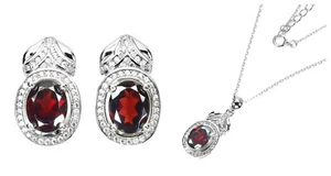 Silver Earrings Pendant Red Garnet Genuine Natural Gems Solid Sterling And Chain - Picture 1 of 24
