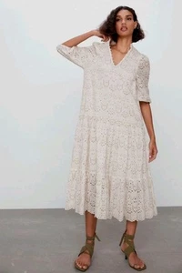 Zara White/Beige Broderie Anglaise Tiered Maxi Dress Size M UK 10 12 small 14 - Picture 1 of 16