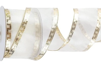 2 X Ivory Sheer Metallic Gold Greek Trim Key Wire Edge Ribbon 2.5” X 25 Yds Each - Image 1 of 4