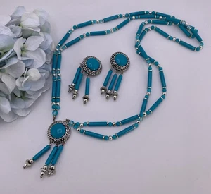 Vintage Southwest Style Halskette & Clip Ohrringe Faux Türkis Silberfarben Set - Bild 1 von 7