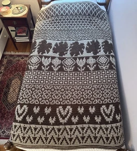 HANDCRAFTED CROCHET Afghan Throw Brown Tan Hearts Flowers L 66”x W 64” - Picture 1 of 9