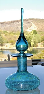 Rainbow Art Glass Co. Teal Crackle Glass Decanter with Awesome Tall Stopper 12" - Picture 1 of 13