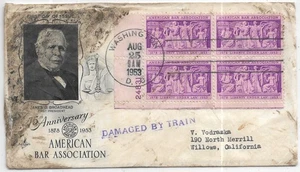 1953 3c American Bar Association FDC to Willows, ca DAMAGED BY TRAIN (65070) - Bild 1 von 2