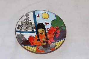 Enamel on Copper Small Plate Dish Folk Art Style VINTAGE - Picture 1 of 5